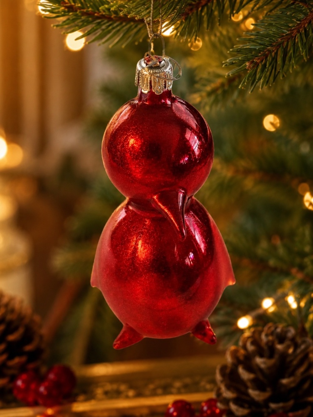 Vintage Pier 1 Red Glass Penguin Christmas Ornament – 5.75" Mercury Glass Style